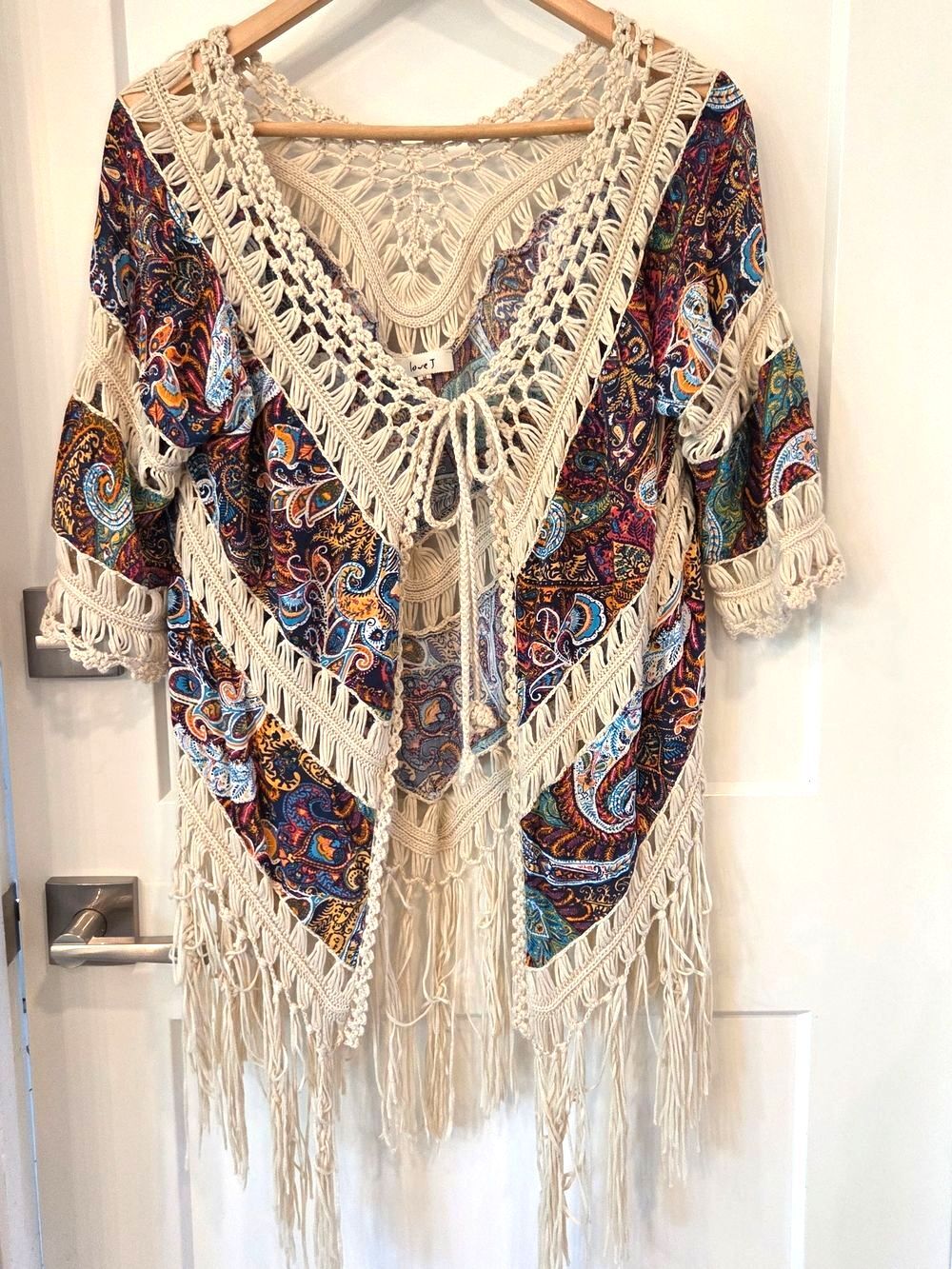 Love J Boho Macrame Fringe Paisley Top Crochet Festival Hippie Blouse M